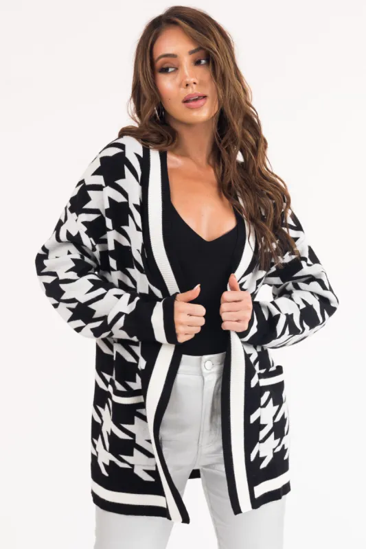 Black and White Houndstooth Open Front Cardigan sold by Lime Lush