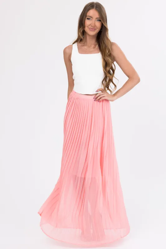 Blush Pleated Chiffon Elastic Waist Maxi Skirt sold by Lime Lush