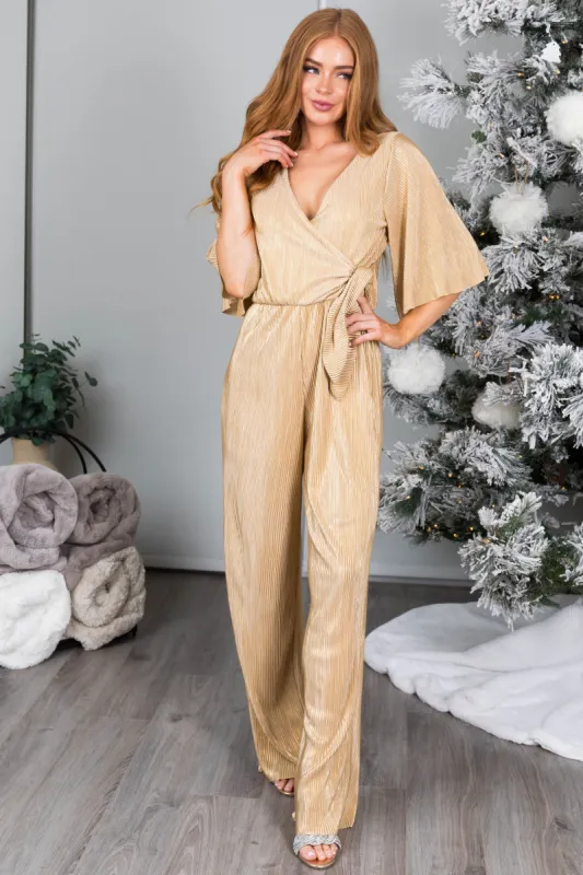 Gold Plisse Surplice Tie Front Jumpsuit sold by Lime Lush