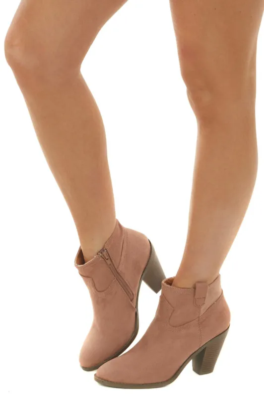 Apricot Faux Suede Rounded Toe Heeled Bootie sold by Lime Lush