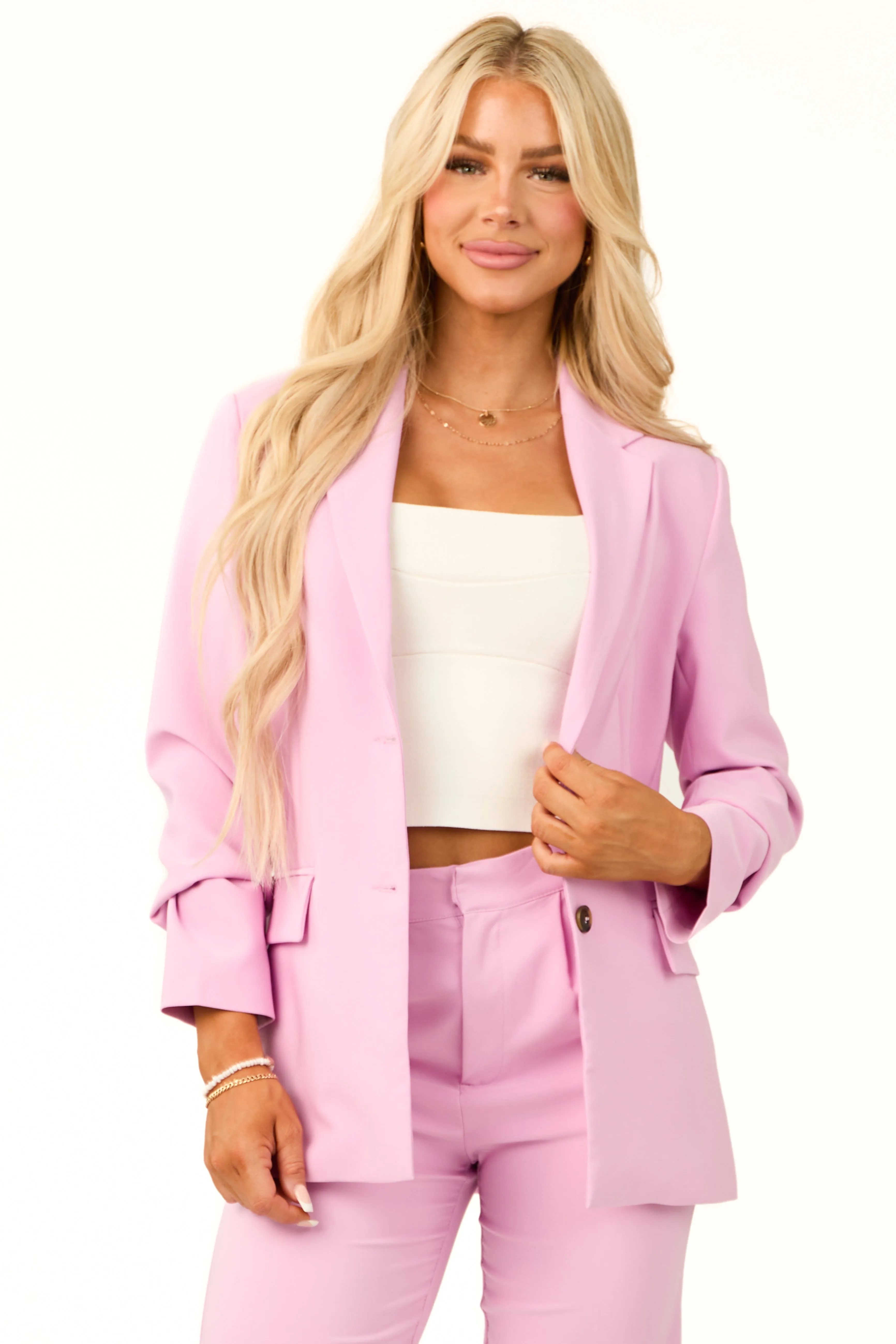 Bubblegum Solid Double Button Long Blazer sold by Lime Lush