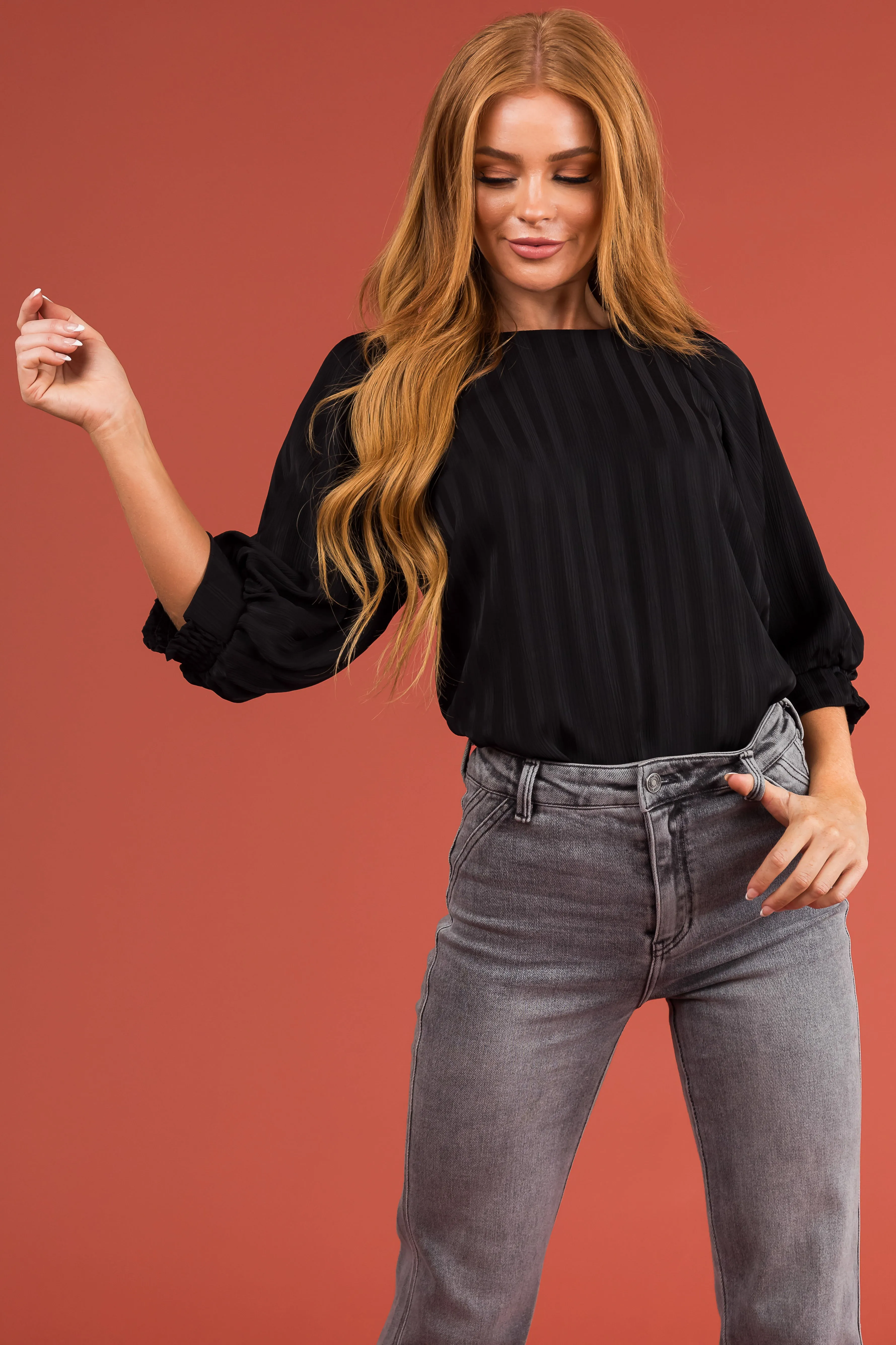 Black Textured Ribbed Half Sleeve Blouse sold by Lime Lush product image thumbnail 3