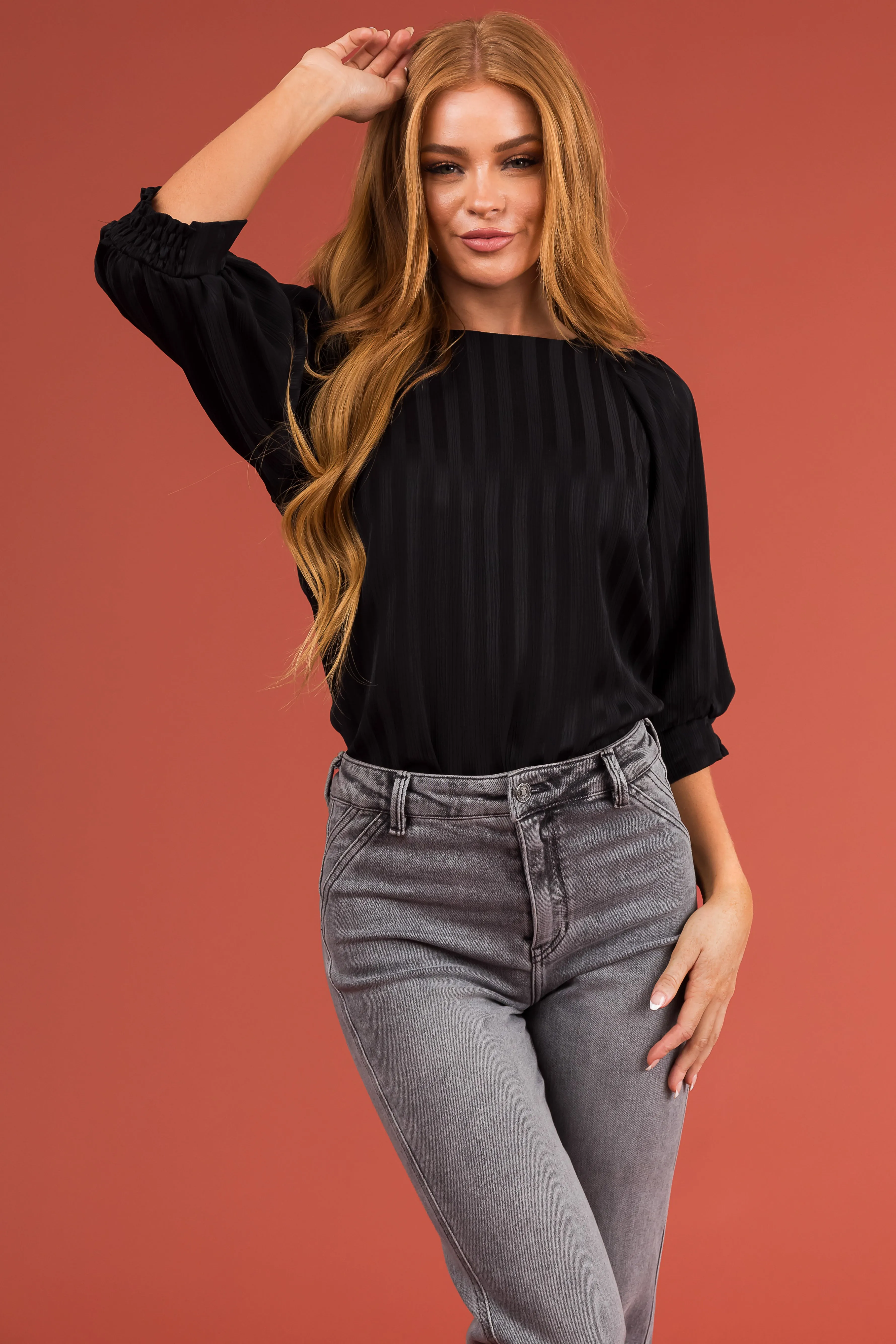 Black Textured Ribbed Half Sleeve Blouse sold by Lime Lush product image thumbnail 2