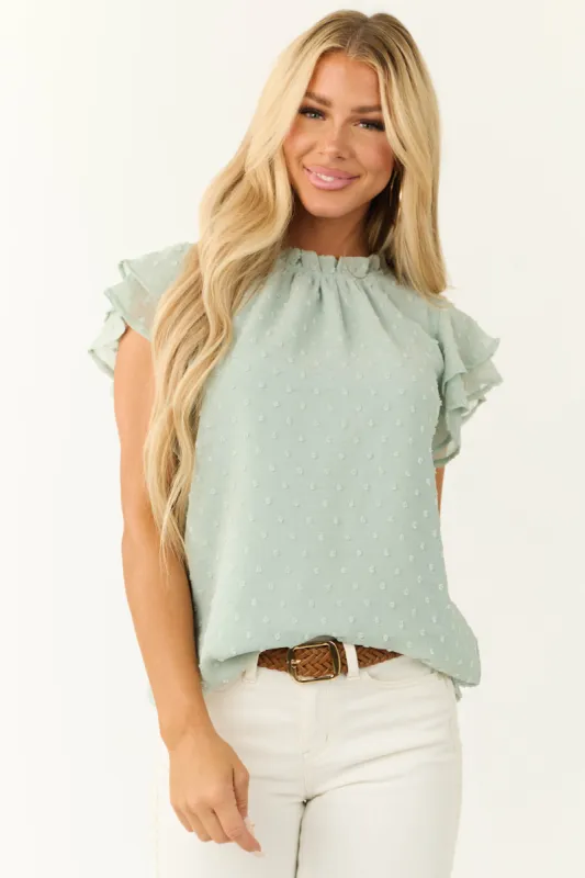 Seafoam Swiss Dot Ruffle Sleeve Blouse sold by Lime Lush