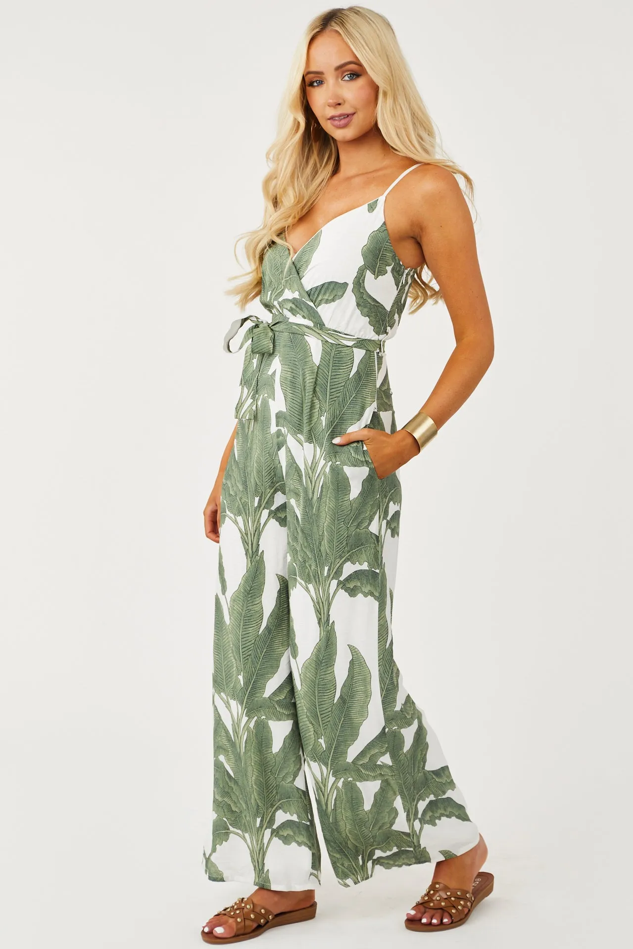 Olive Palm Print Wide Leg Surplice Jumpsuit sold by Lime Lush