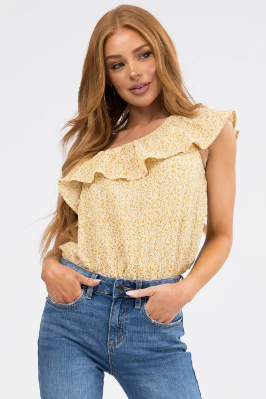 Mustard Ditsy Floral Ruffle One Shoulder Bodysuit sold by Lime Lush