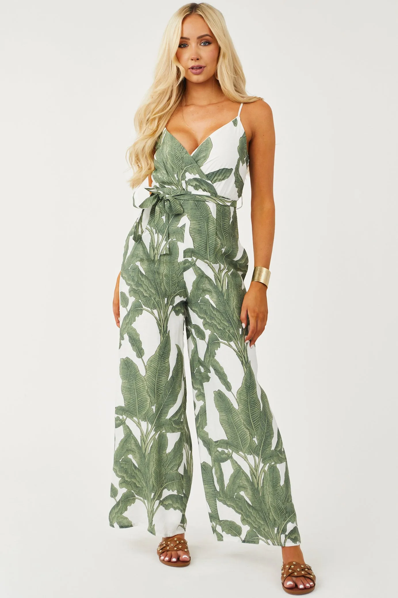 Olive Palm Print Wide Leg Surplice Jumpsuit sold by Lime Lush product image thumbnail 3