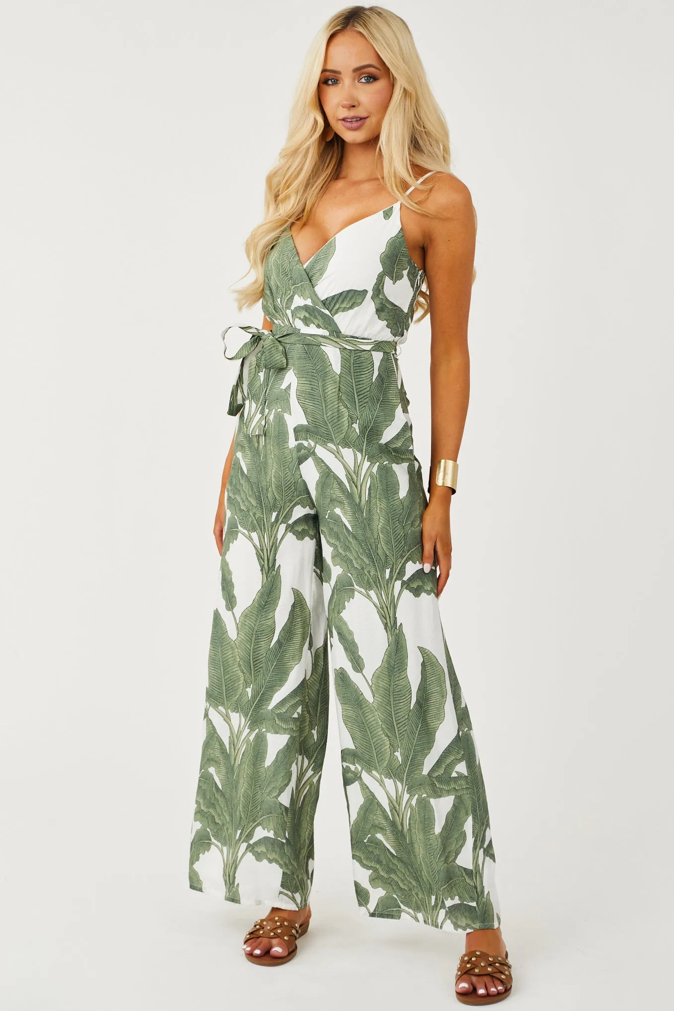 Olive Palm Print Wide Leg Surplice Jumpsuit sold by Lime Lush product image thumbnail 2