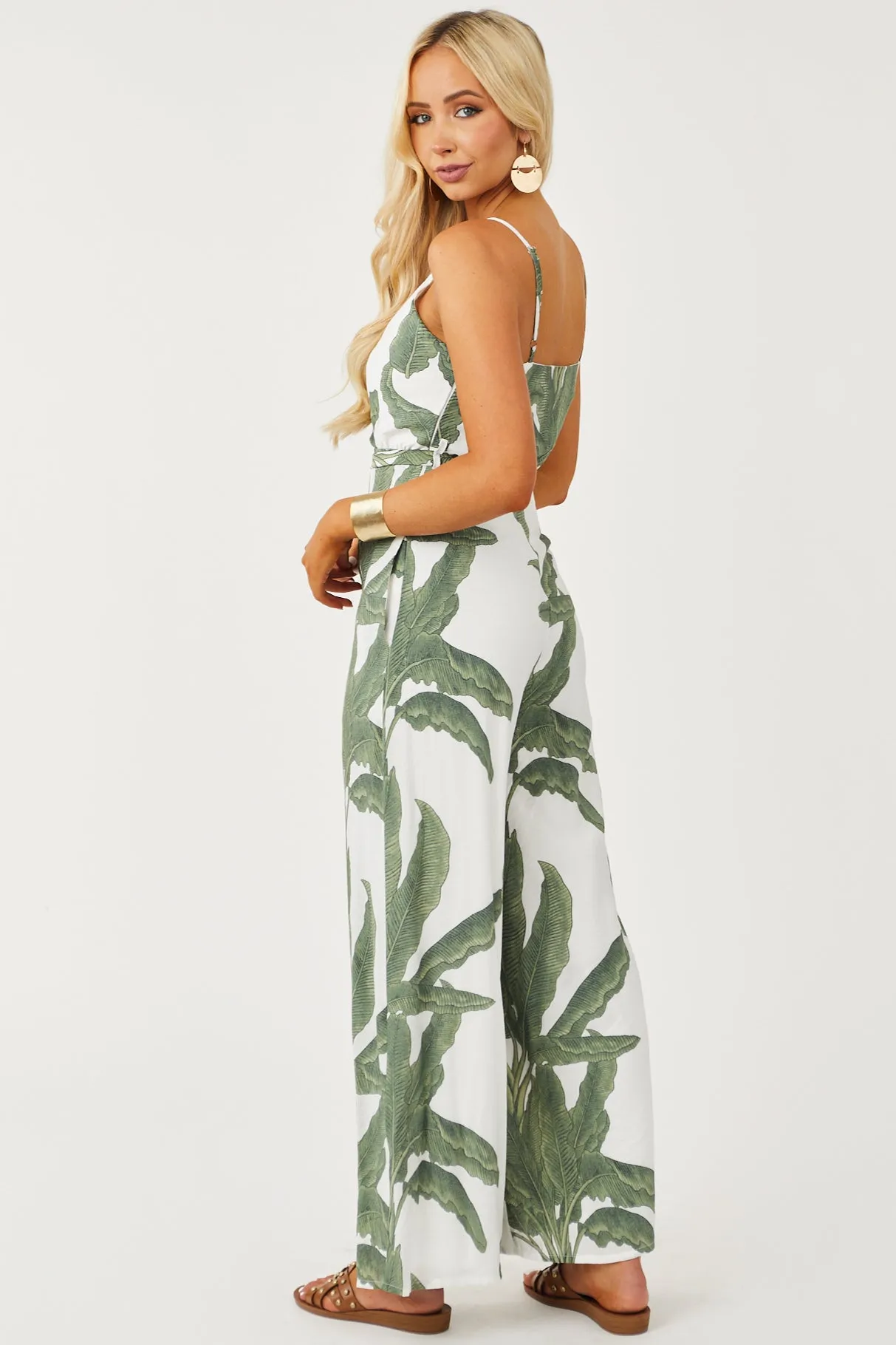 Olive Palm Print Wide Leg Surplice Jumpsuit sold by Lime Lush product image thumbnail 4