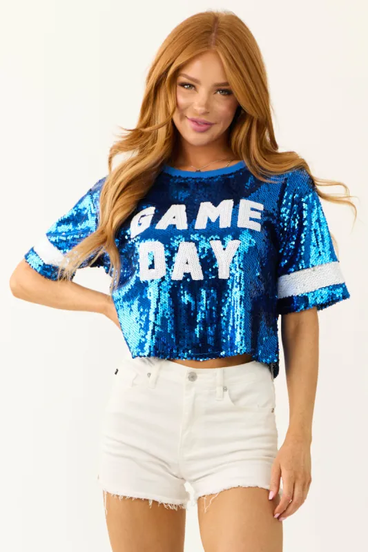 Royal Blue Sequin 'GAME DAY' Graphic Crop Top sold by Lime Lush