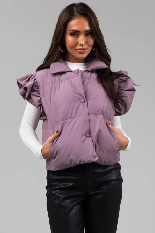 Lavender Snap Button Ruffle Puffer Vest sold by Lime Lush