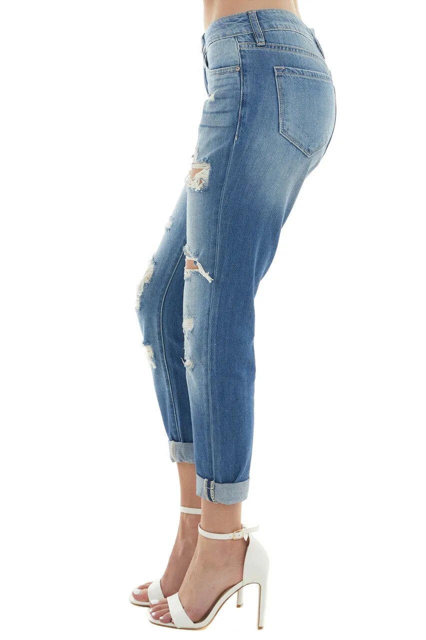 KanCan Mid Wash Mid Rise Heavy Torn Boyfriend Jeans sold by Lime Lush product image thumbnail 2