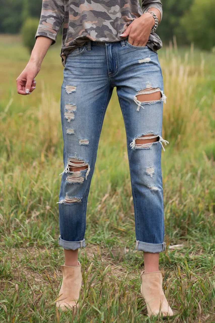 KanCan Mid Wash Mid Rise Heavy Torn Boyfriend Jeans sold by Lime Lush product image thumbnail 5