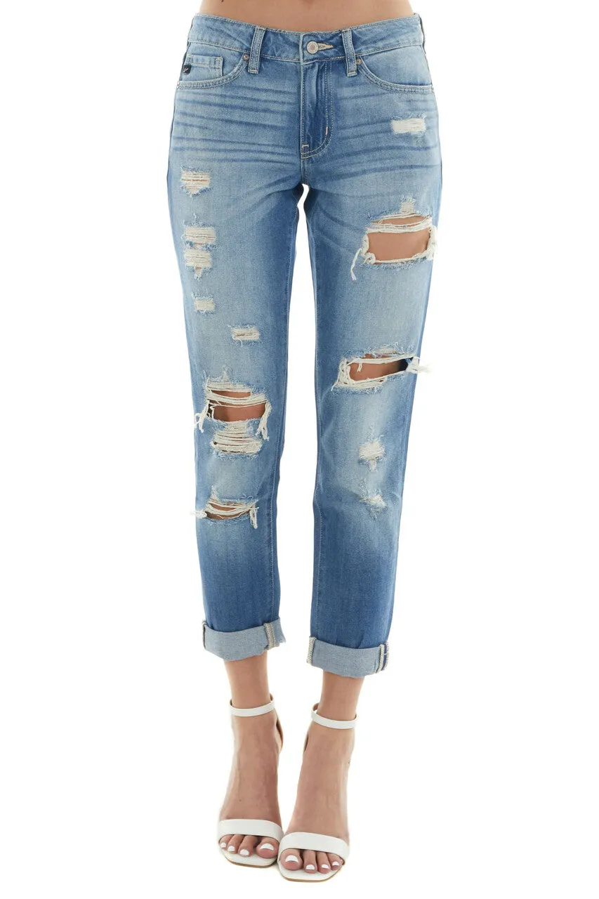 KanCan Mid Wash Mid Rise Heavy Torn Boyfriend Jeans sold by Lime Lush