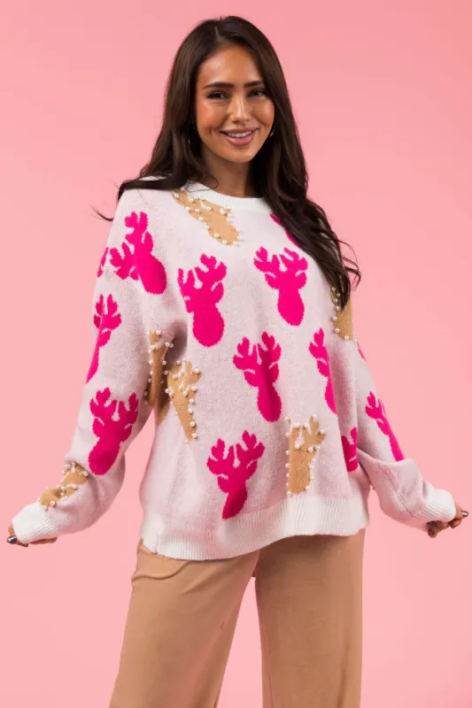 White Pearl Bead Rudolph Christmas Sweater sold by Lime Lush