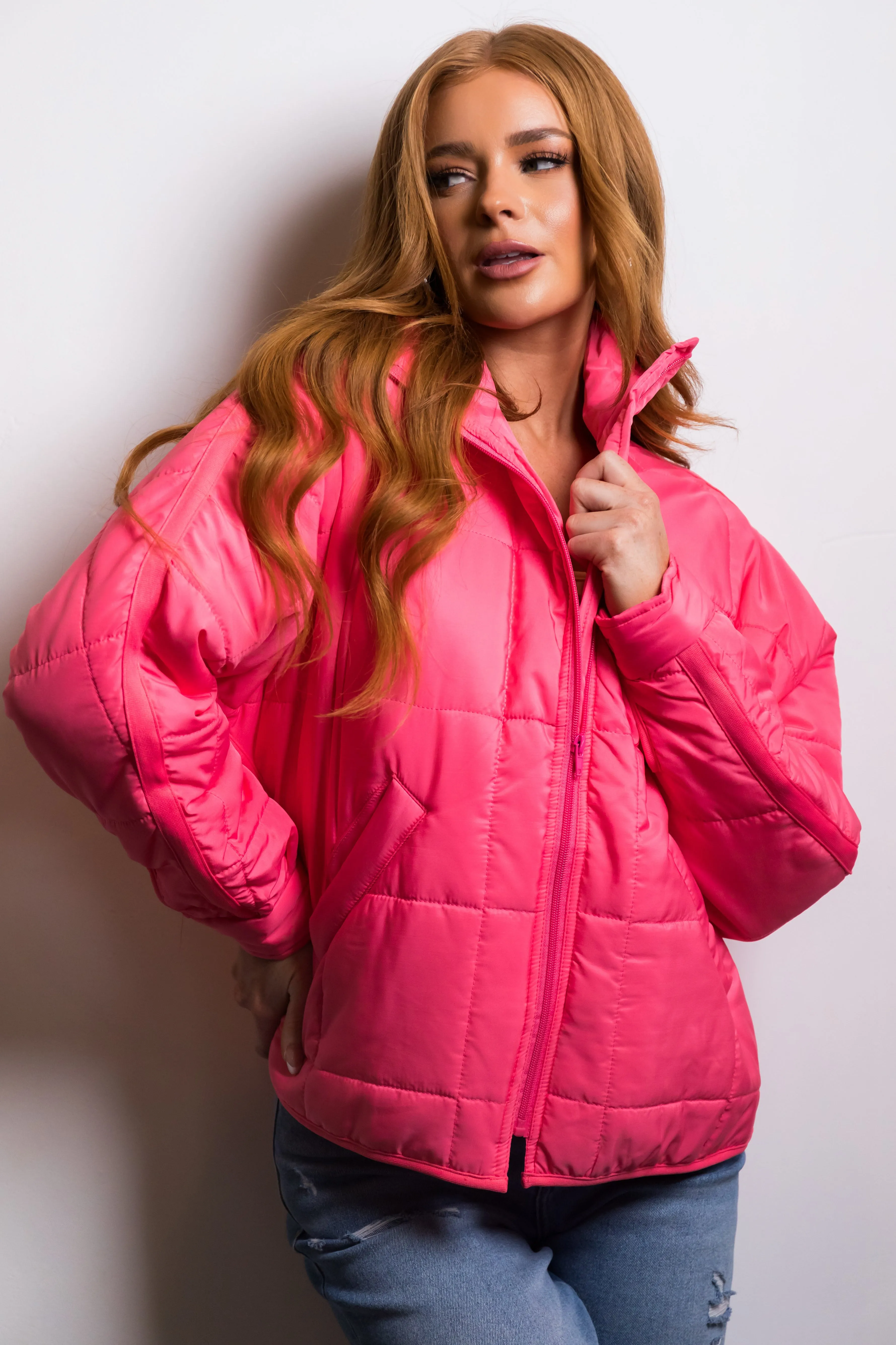 Neon Pink Funnel Neck Zip Up Puffer Jacket sold by Lime Lush