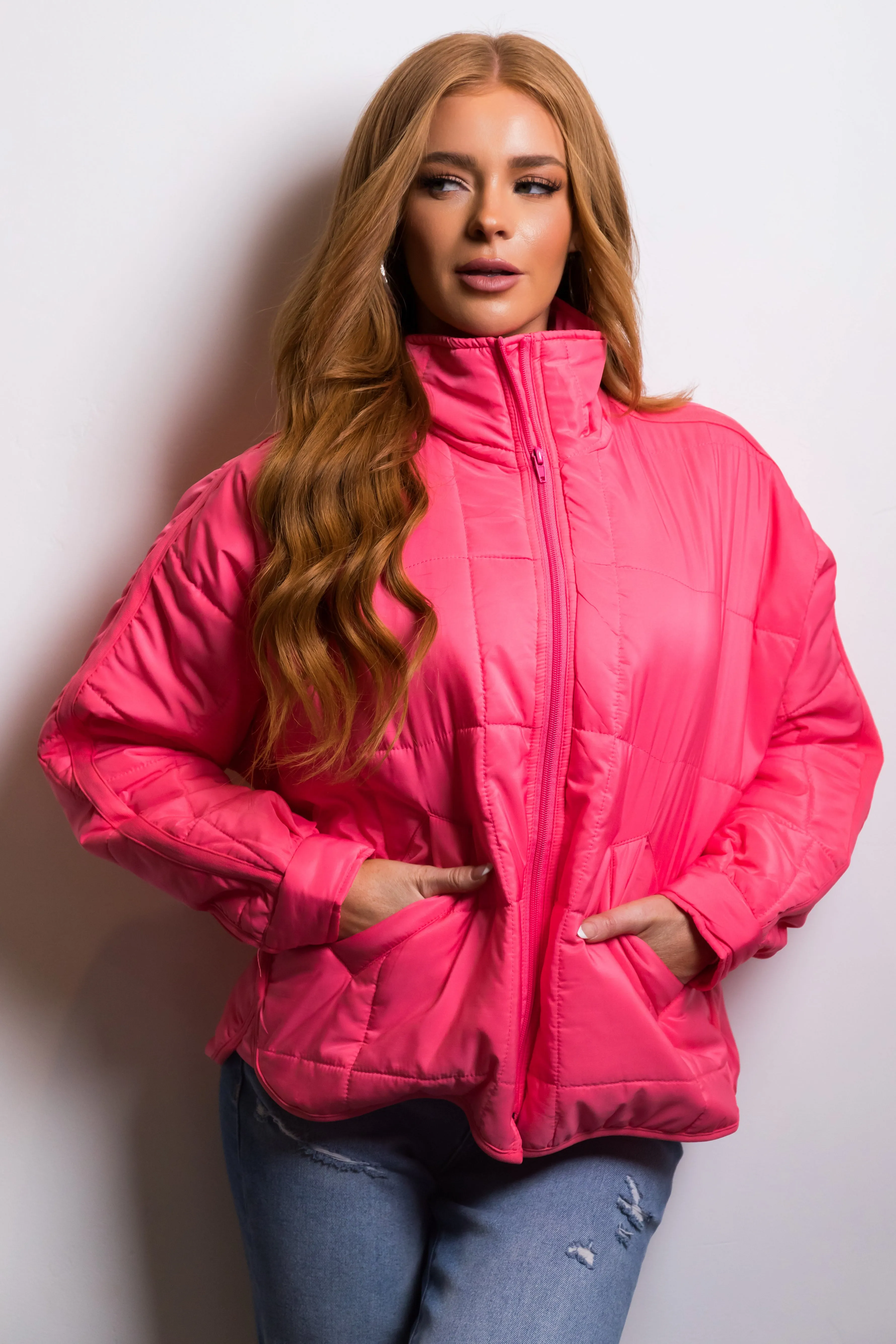 Neon Pink Funnel Neck Zip Up Puffer Jacket sold by Lime Lush product image thumbnail 3