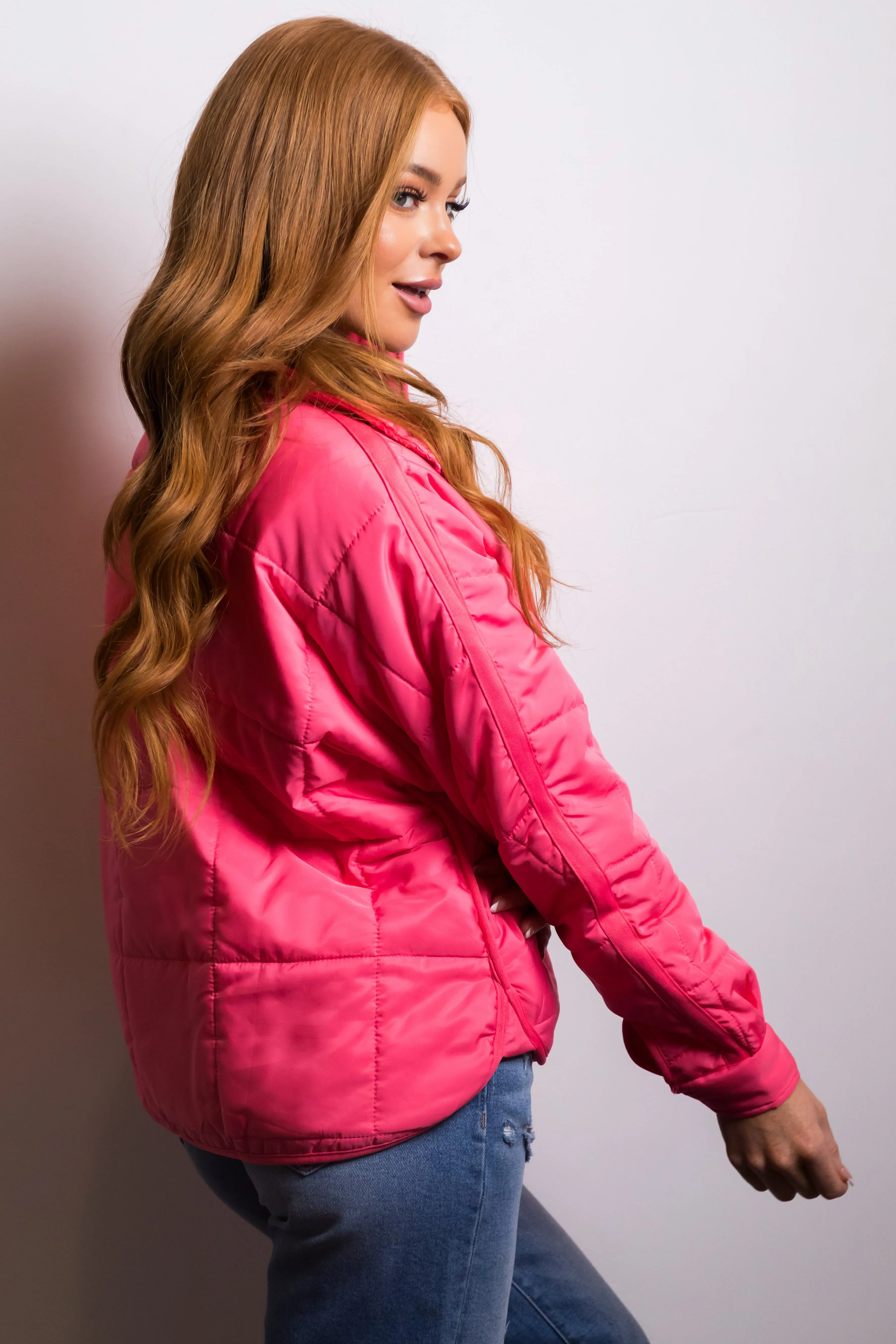 Neon Pink Funnel Neck Zip Up Puffer Jacket sold by Lime Lush product image thumbnail 5