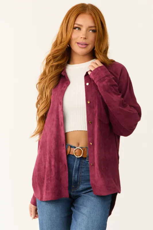 Wine Faux Suede Button Up Long Sleeve Shirt sold by Lime Lush
