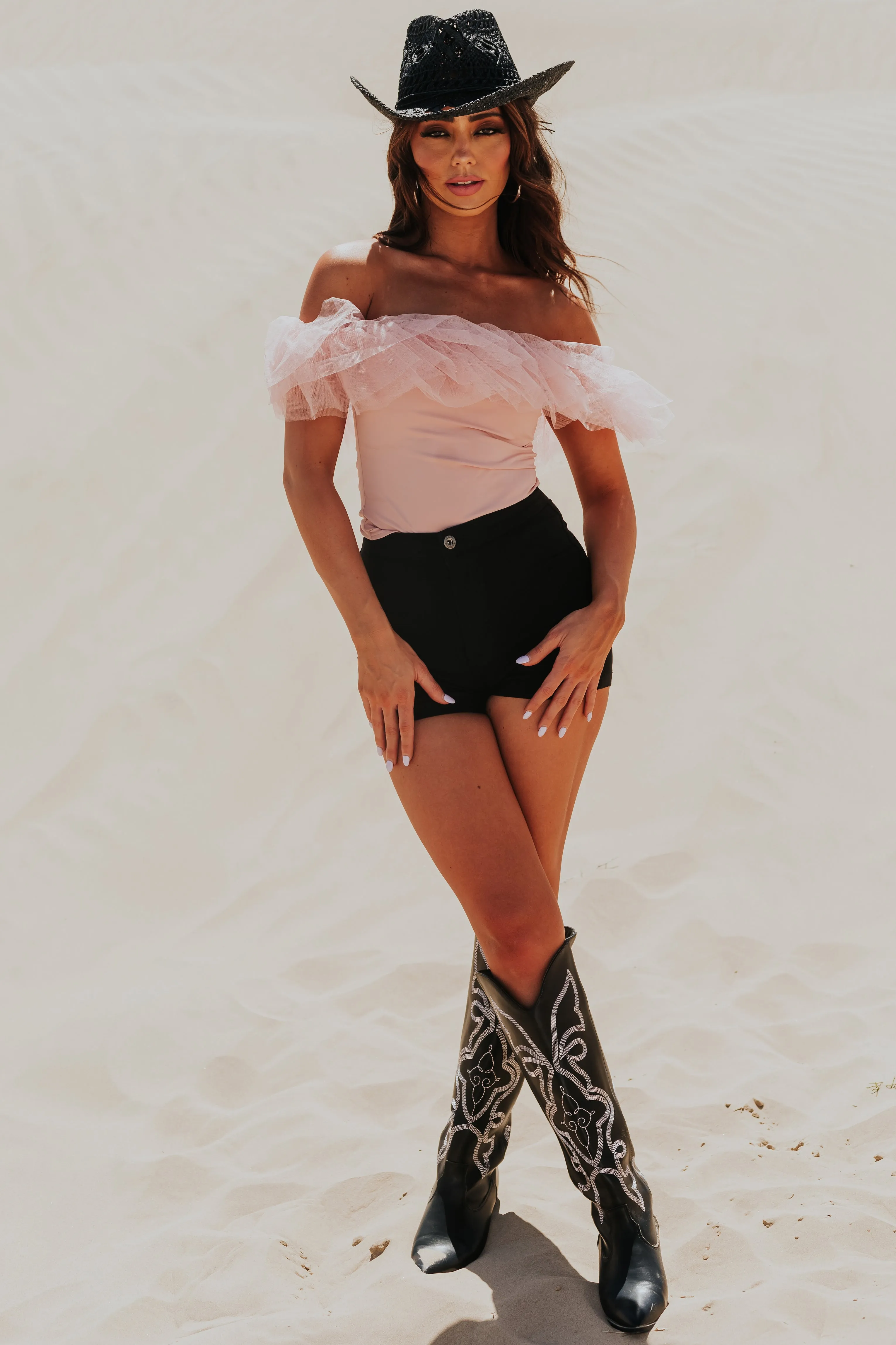 Blush Off the Shoulder Ruffle Mesh Bodysuit sold by Lime Lush product image thumbnail 3