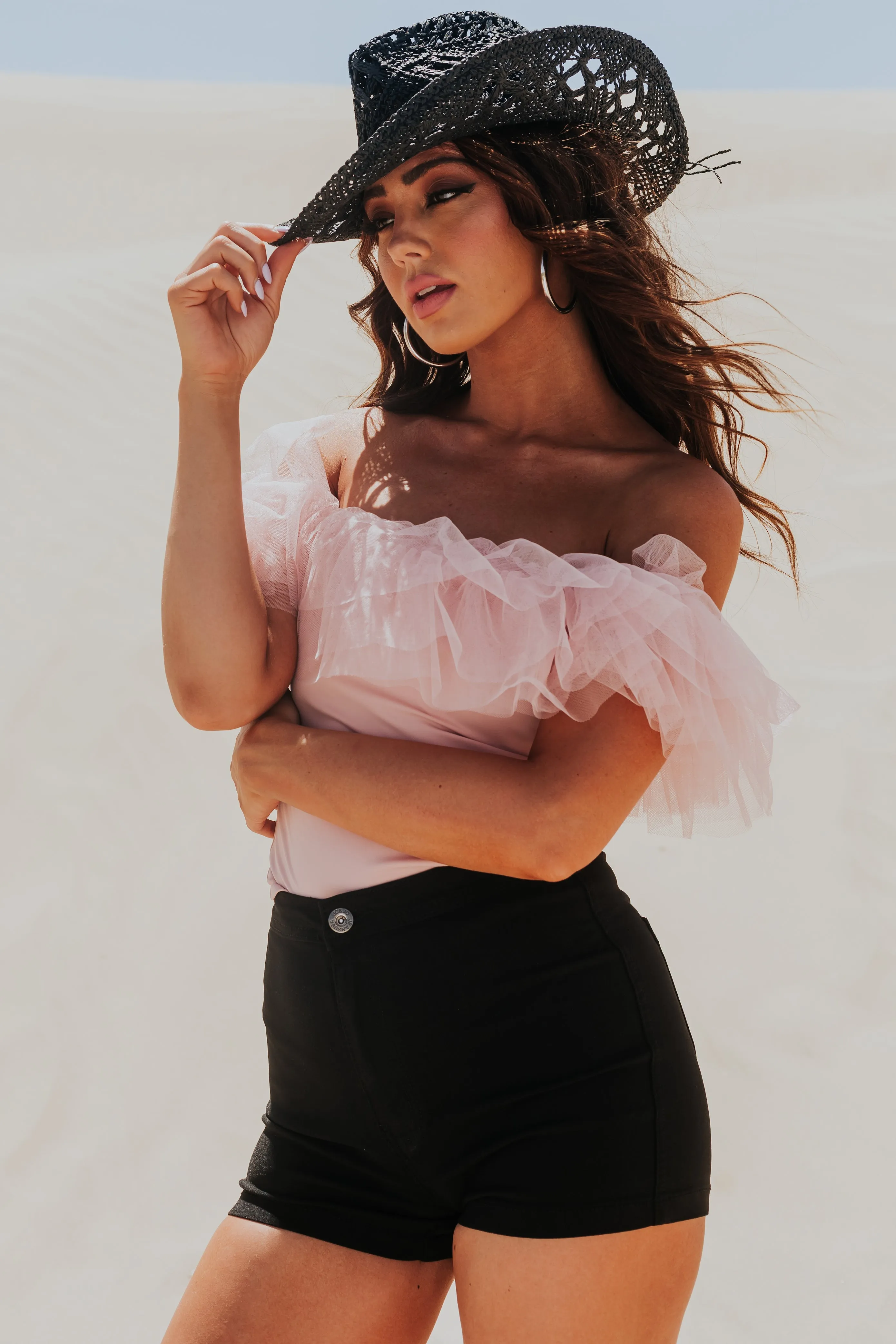 Blush Off the Shoulder Ruffle Mesh Bodysuit sold by Lime Lush product image thumbnail 5