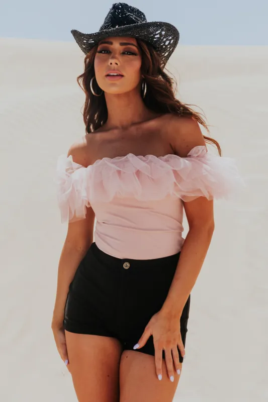Blush Off the Shoulder Ruffle Mesh Bodysuit sold by Lime Lush
