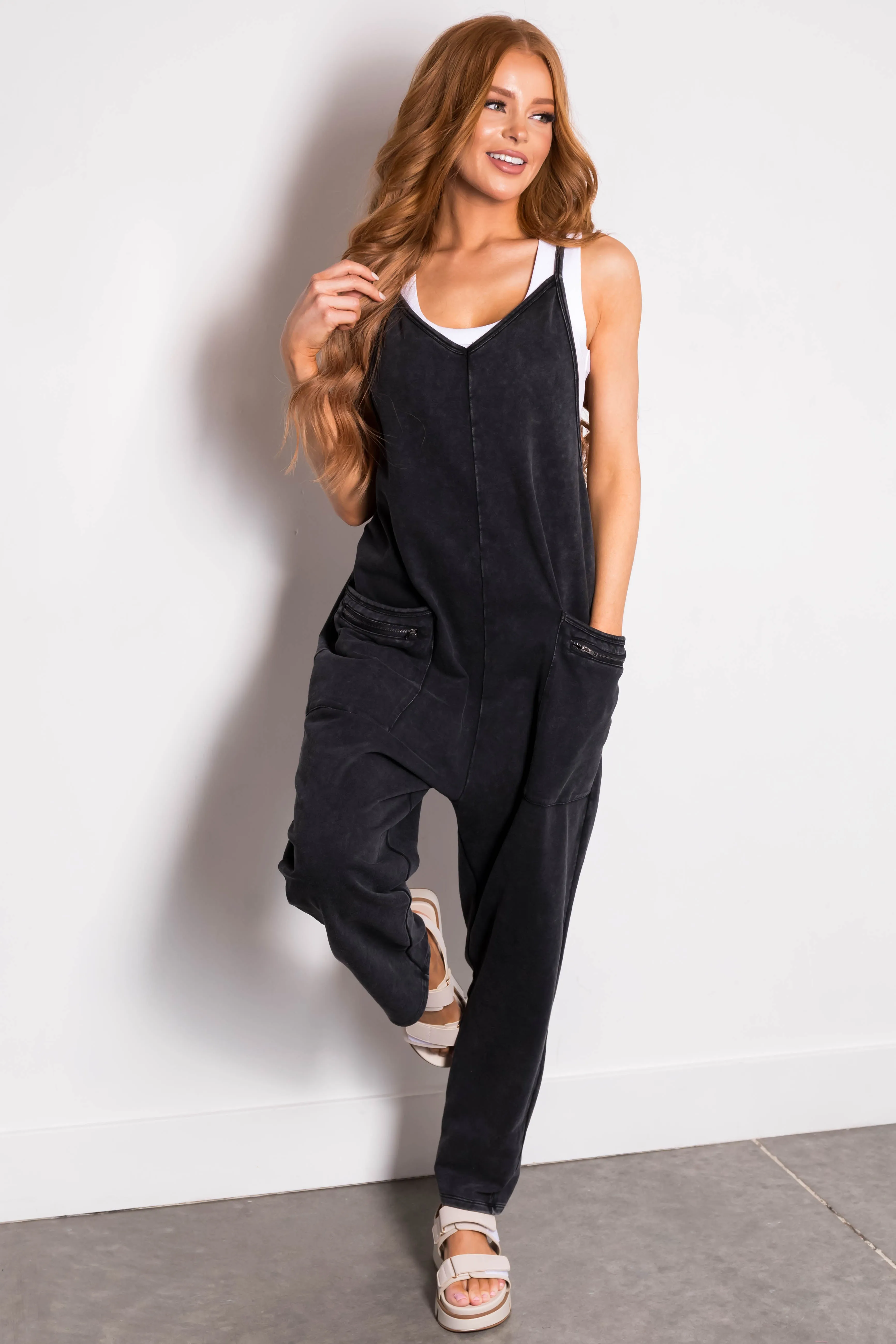 Black Washed Sleeveless Relaxed Fit Jumpsuit sold by Lime Lush product image thumbnail 2