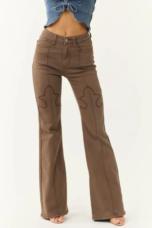 Judy Blue Coffee Knee Seam Detail Flare Jeans sold by Lime Lush