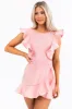 Flying Tomato Coral Acid Wash Ruffle Denim Romper sold by Lime Lush