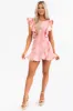 Flying Tomato Coral Acid Wash Ruffle Denim Romper sold by Lime Lush