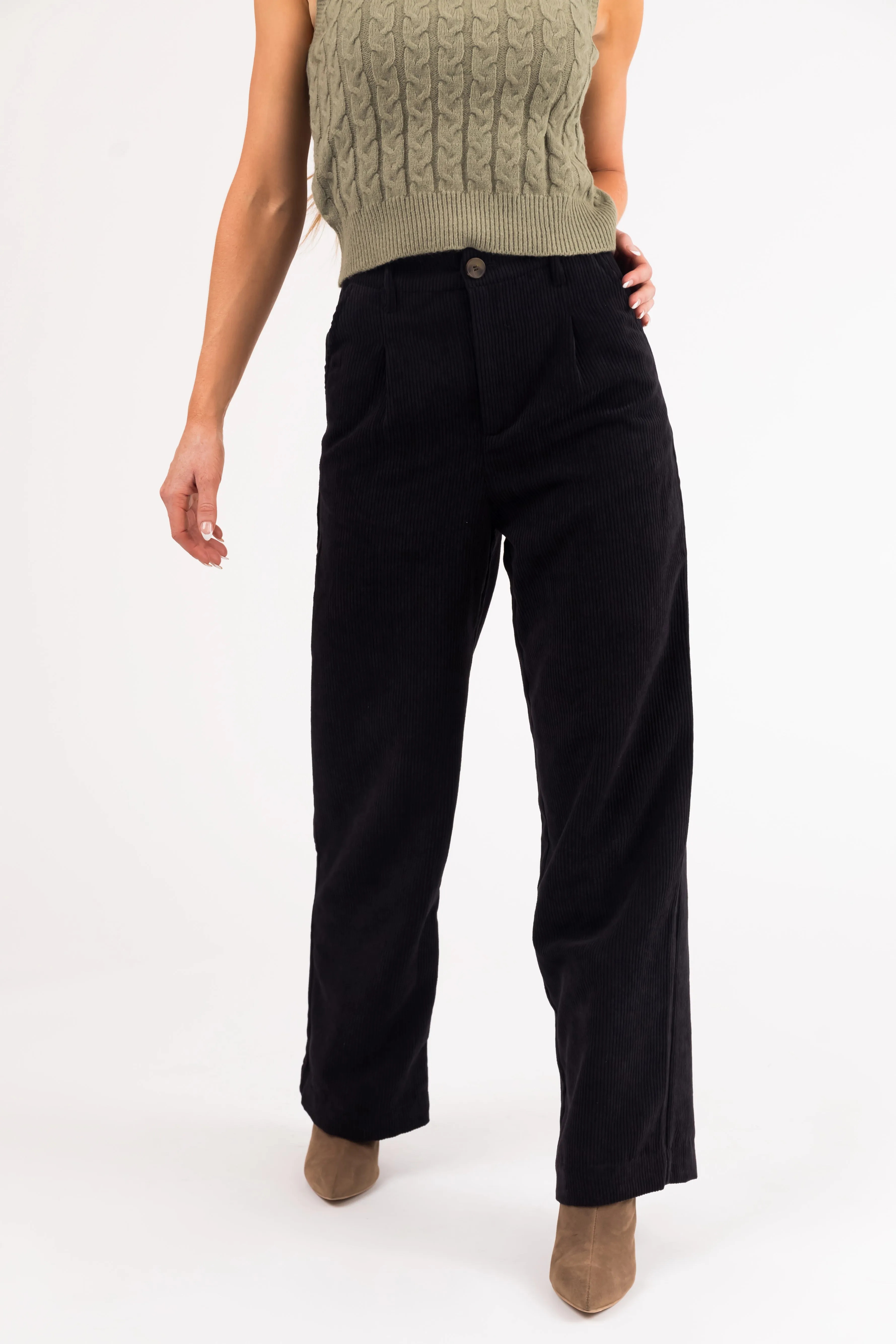 Black Corduroy Trouser Straight Leg Pants sold by Lime Lush product image thumbnail 2