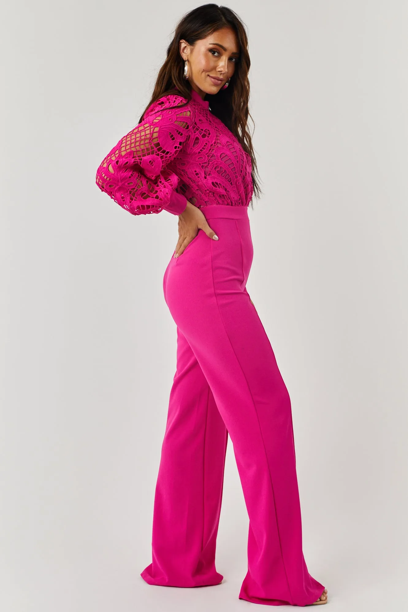 Coco Magenta Crochet Bubble Long Sleeve Jumpsuit sold by Lime Lush product image thumbnail 3