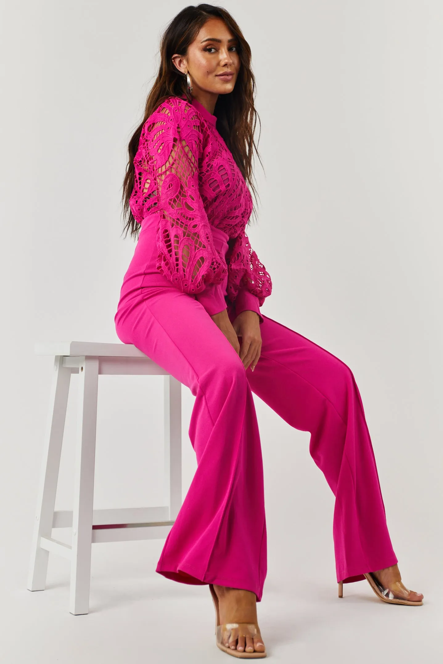 Coco Magenta Crochet Bubble Long Sleeve Jumpsuit sold by Lime Lush product image thumbnail 5
