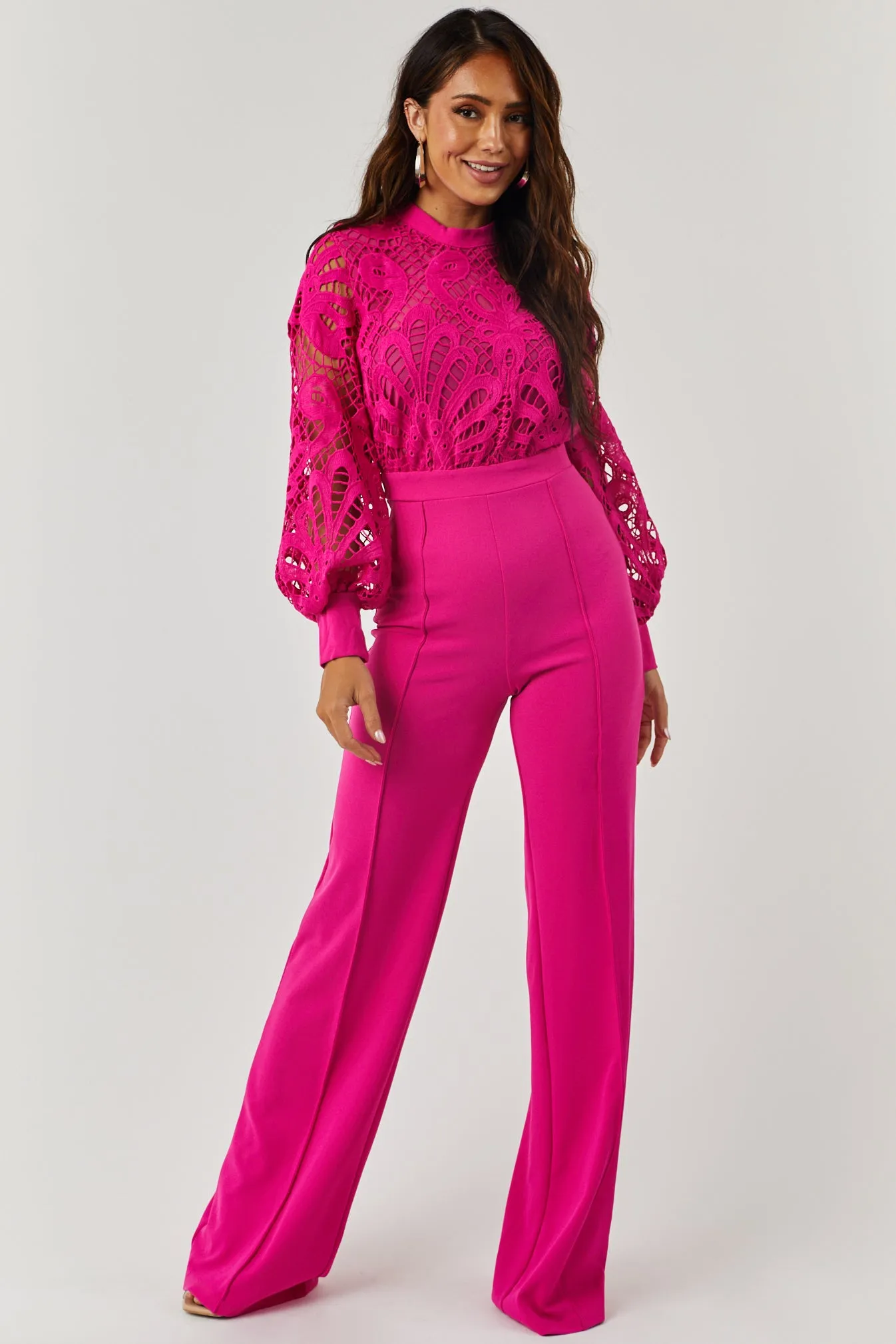 Coco Magenta Crochet Bubble Long Sleeve Jumpsuit sold by Lime Lush product image thumbnail 2