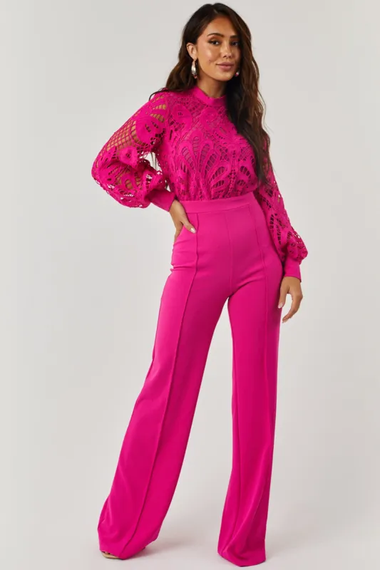Coco Magenta Crochet Bubble Long Sleeve Jumpsuit sold by Lime Lush