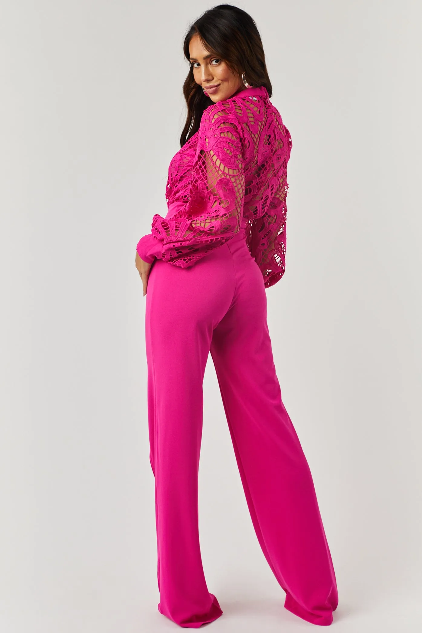 Coco Magenta Crochet Bubble Long Sleeve Jumpsuit sold by Lime Lush product image thumbnail 4