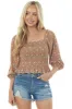 Cognac Floral Print 3-4 Puff Sleeve Woven Top sold by Lime Lush
