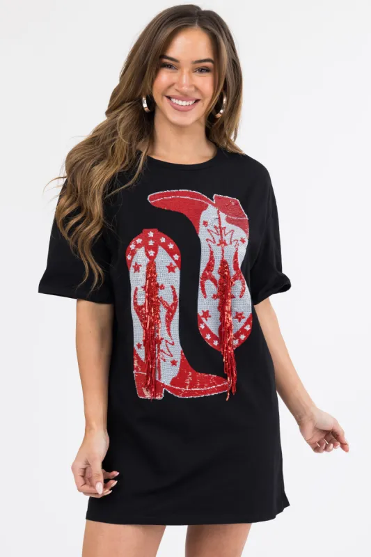 Black Cowboy Boot Fringe Graphic Mini Dress sold by Lime Lush