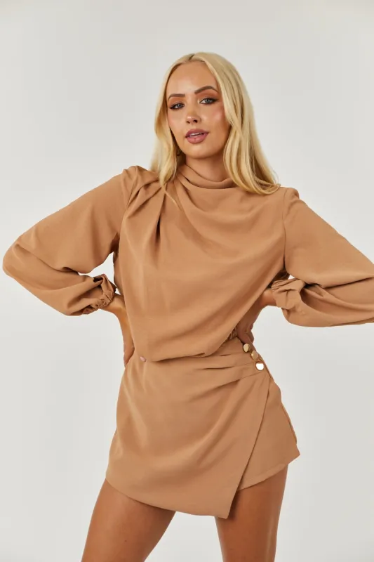 Brown Sugar High Neck Front Overlay Woven Romper sold by Lime Lush