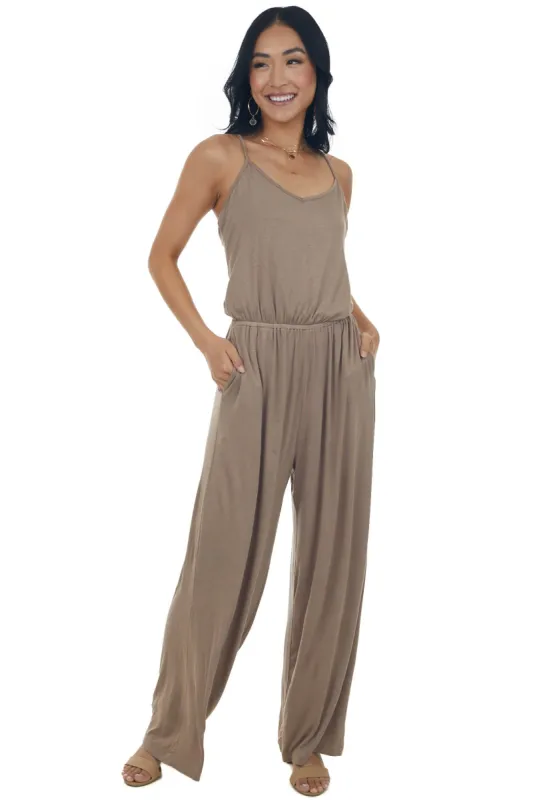 Coffee Wide Leg Sleeveless Pocket Knit Jumpsuit sold by Lime Lush