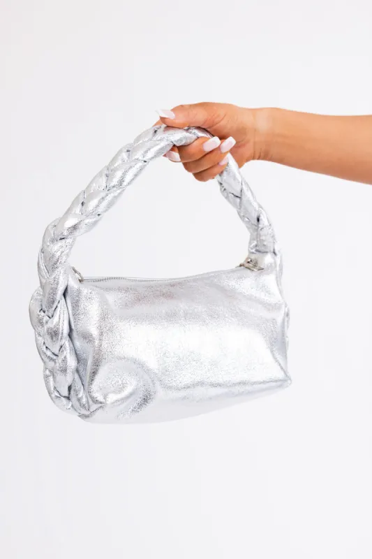 Shiny Silver Braided Handle Handbag sold by Lime Lush