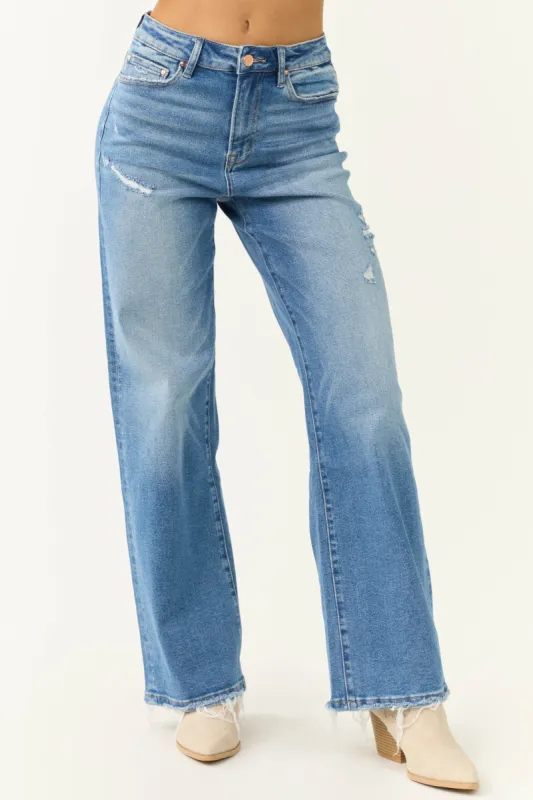 Mica Denim Medium Wash High Rise Wide Leg Distressed Jeans sold by Lime Lush