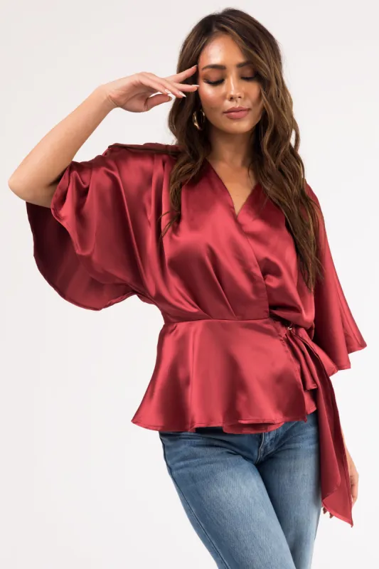 Marsala Flutter Sleeve Wrap Satin Blouse made by Lime Lush