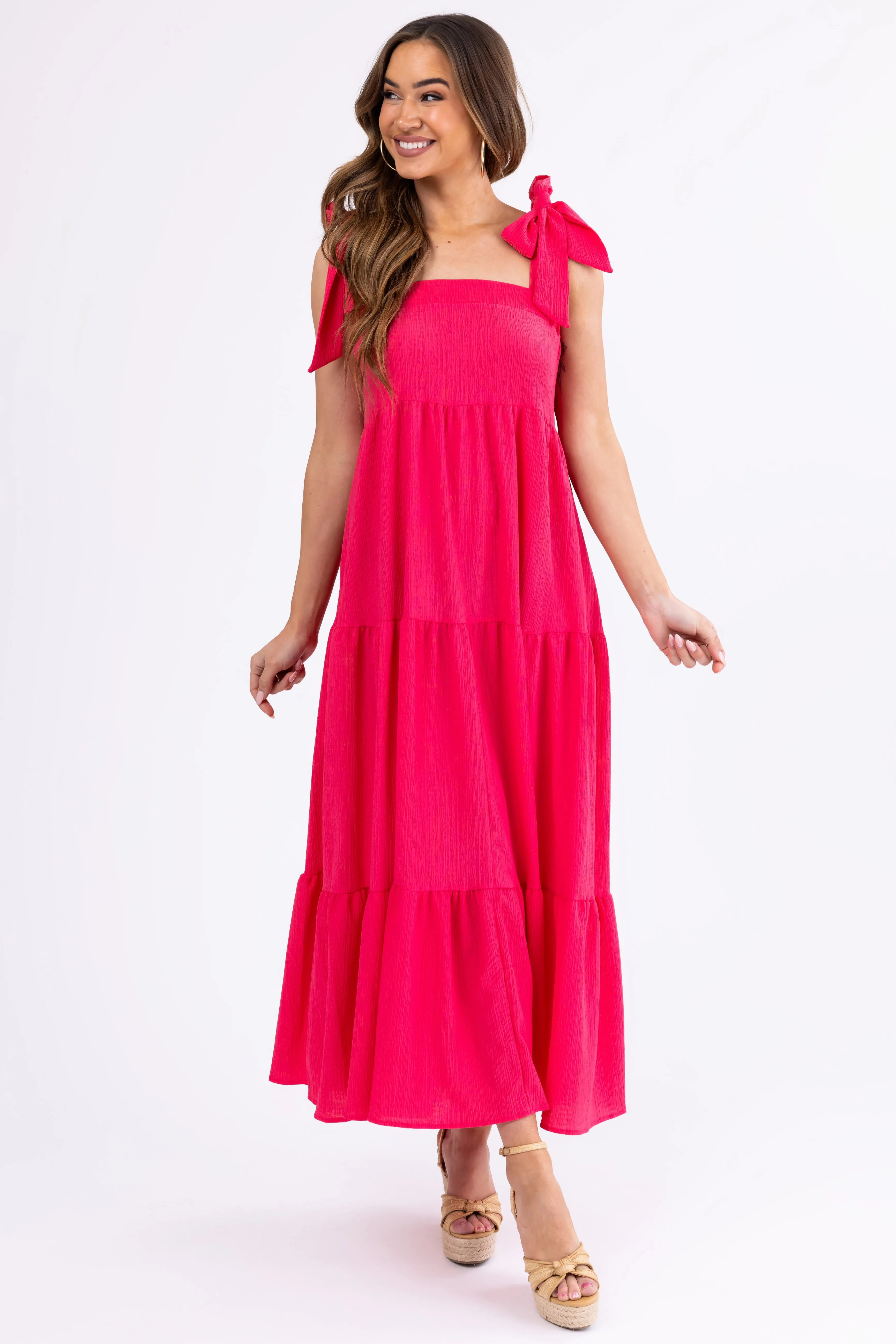 Hot Pink Adjustable Tie Strap Tiered Maxi Dress sold by Lime Lush product image thumbnail 3
