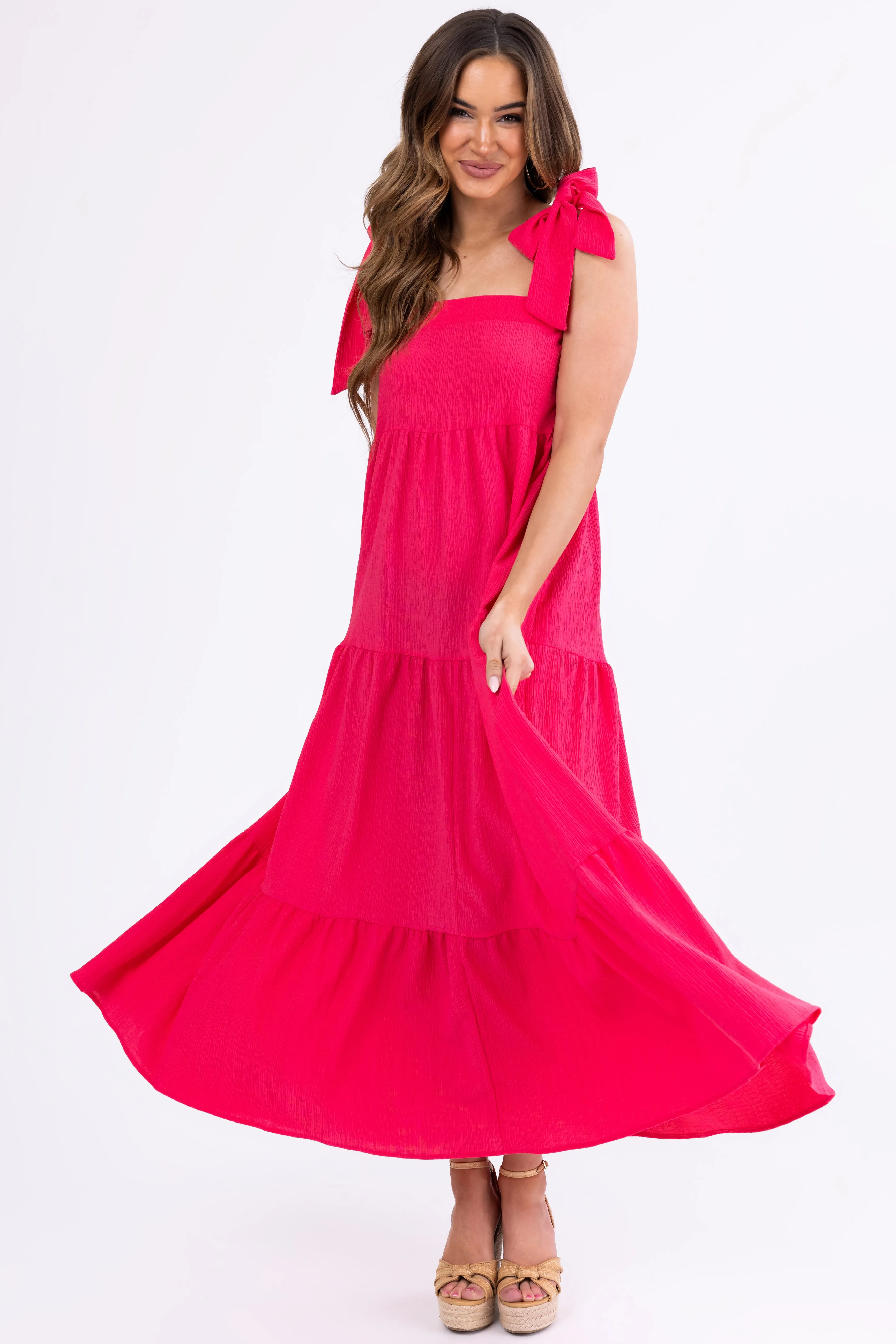 Hot Pink Adjustable Tie Strap Tiered Maxi Dress sold by Lime Lush