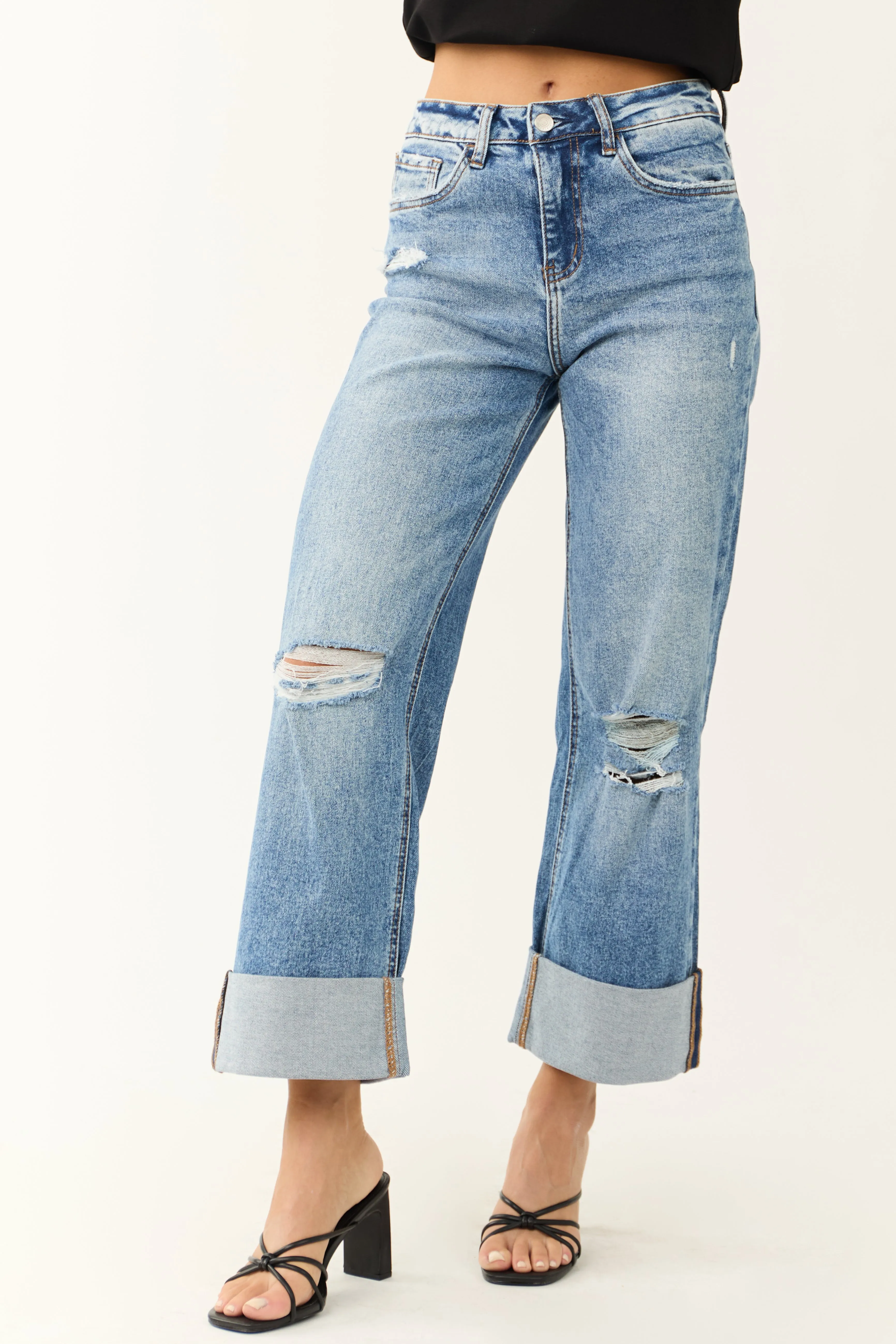 Vervet Medium Wash Cuffed Hem Baggy Wide Leg Jeans sold by Lime Lush