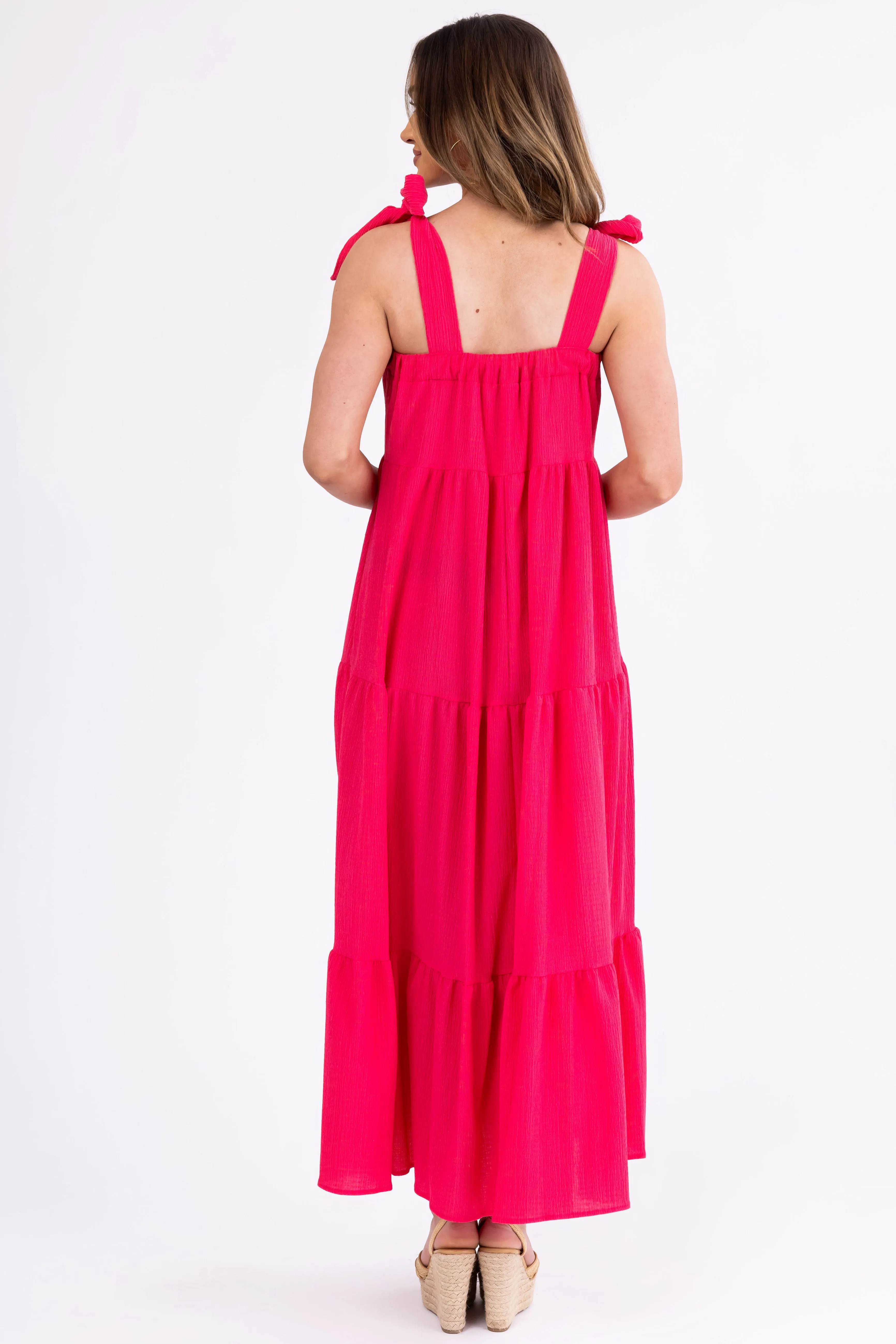 Hot Pink Adjustable Tie Strap Tiered Maxi Dress sold by Lime Lush product image thumbnail 4
