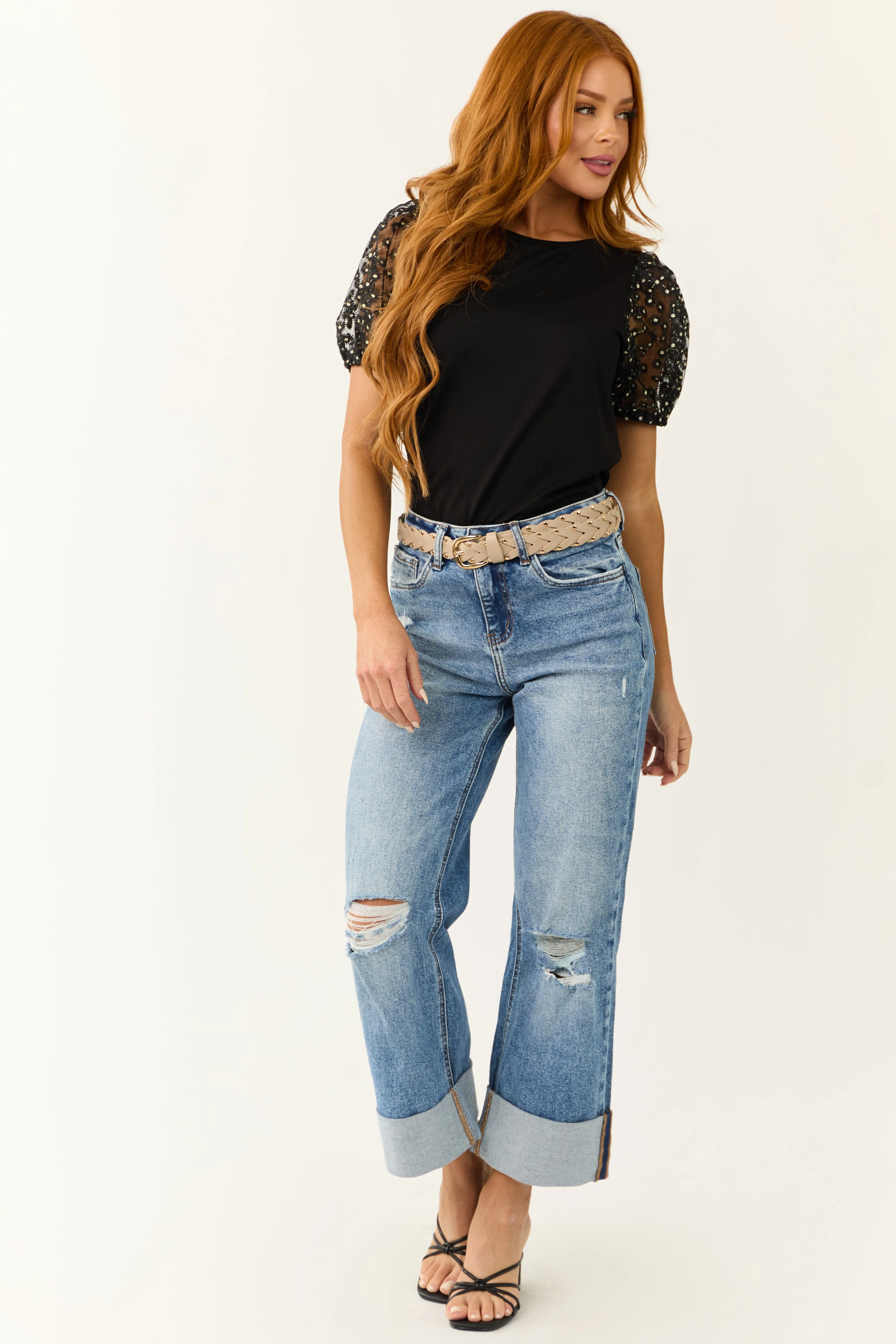 Vervet Medium Wash Cuffed Hem Baggy Wide Leg Jeans sold by Lime Lush product image thumbnail 5