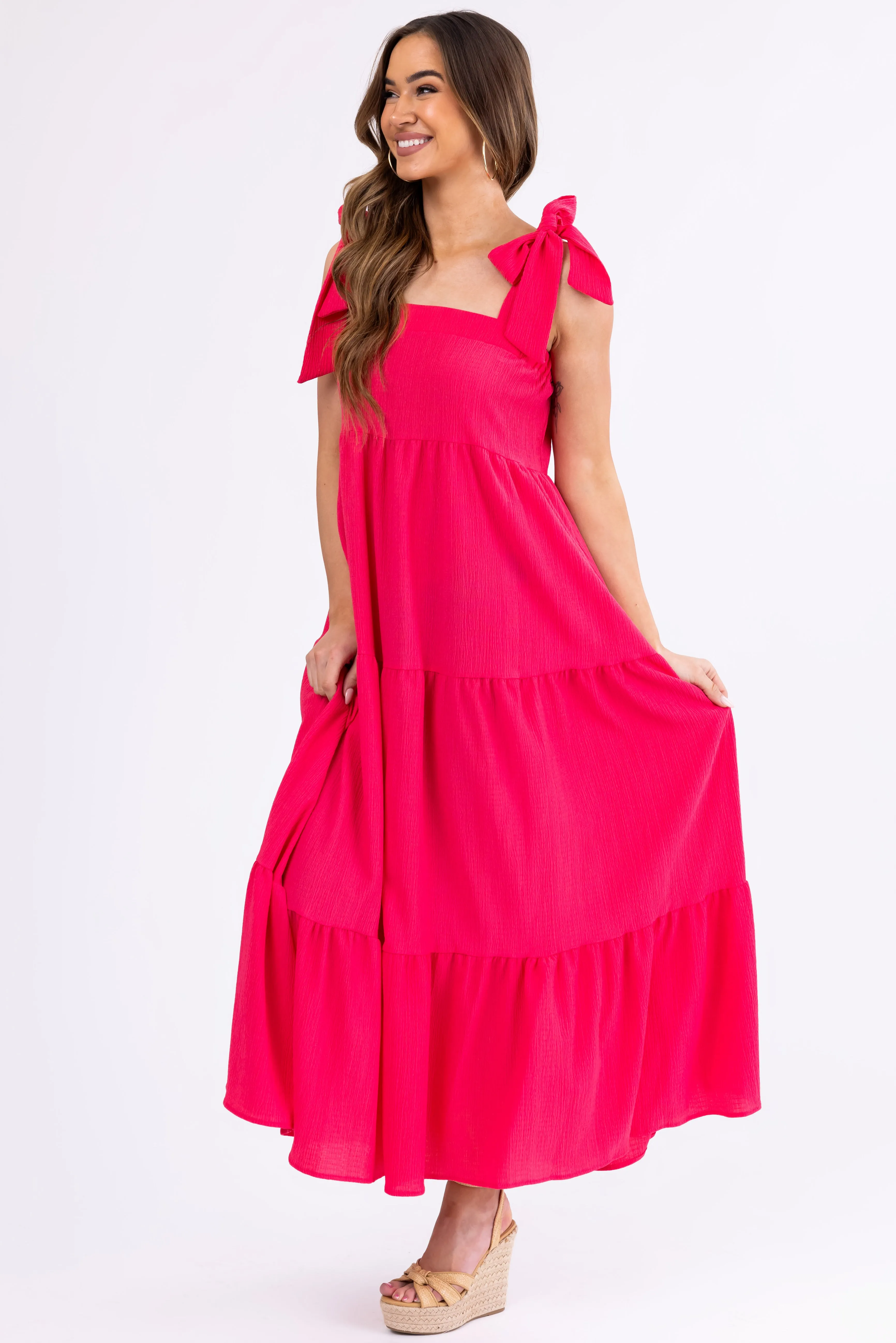 Hot Pink Adjustable Tie Strap Tiered Maxi Dress sold by Lime Lush product image thumbnail 2