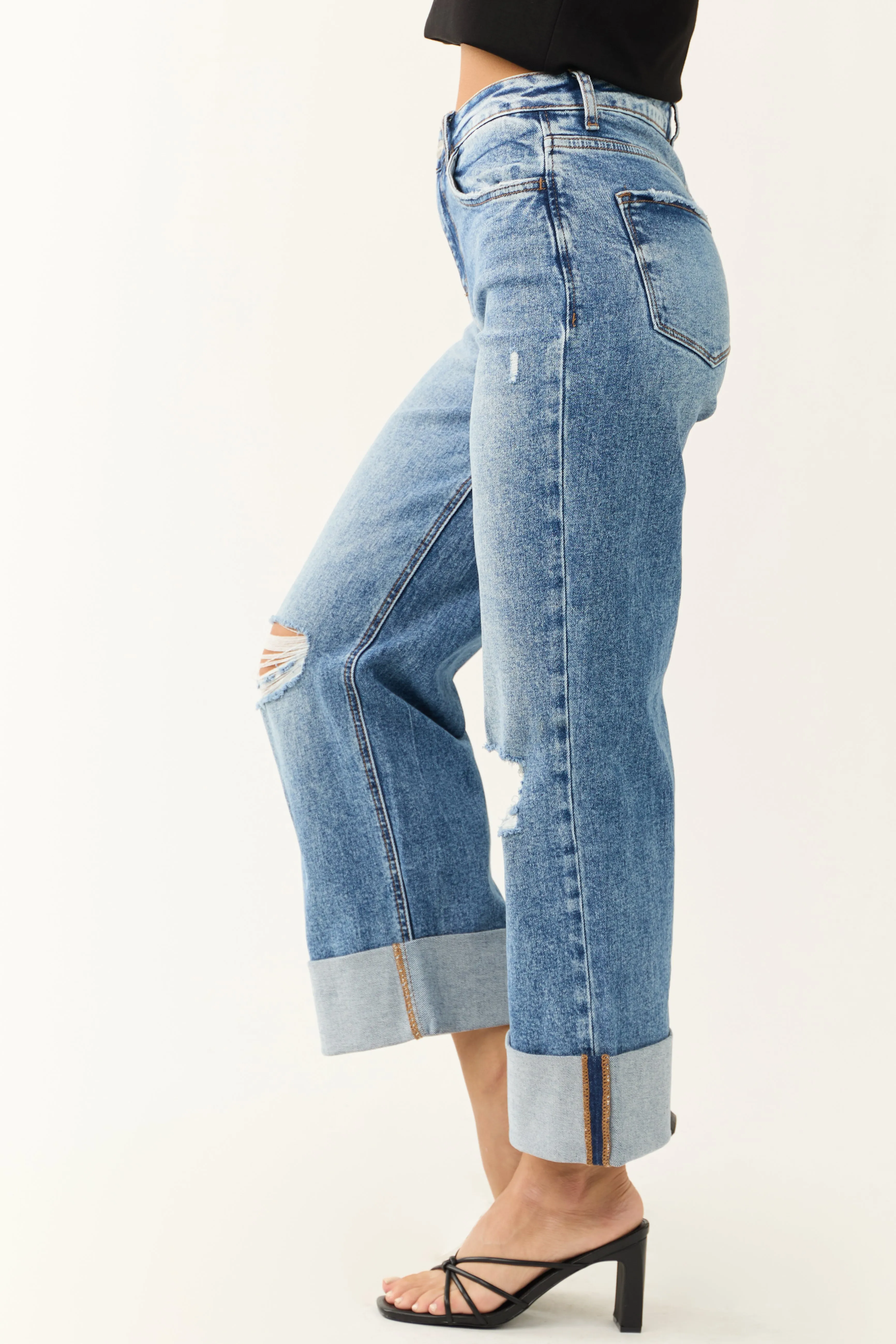 Vervet Medium Wash Cuffed Hem Baggy Wide Leg Jeans sold by Lime Lush product image thumbnail 3